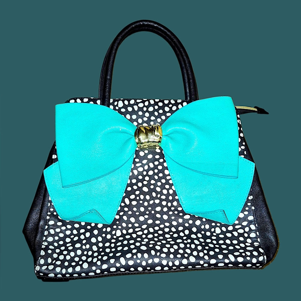 Black and White Polka Dot Handbag with Turquoise Bow